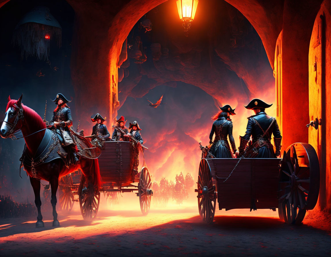 Armored riders in horse-drawn carriages in fiery cavern with bats