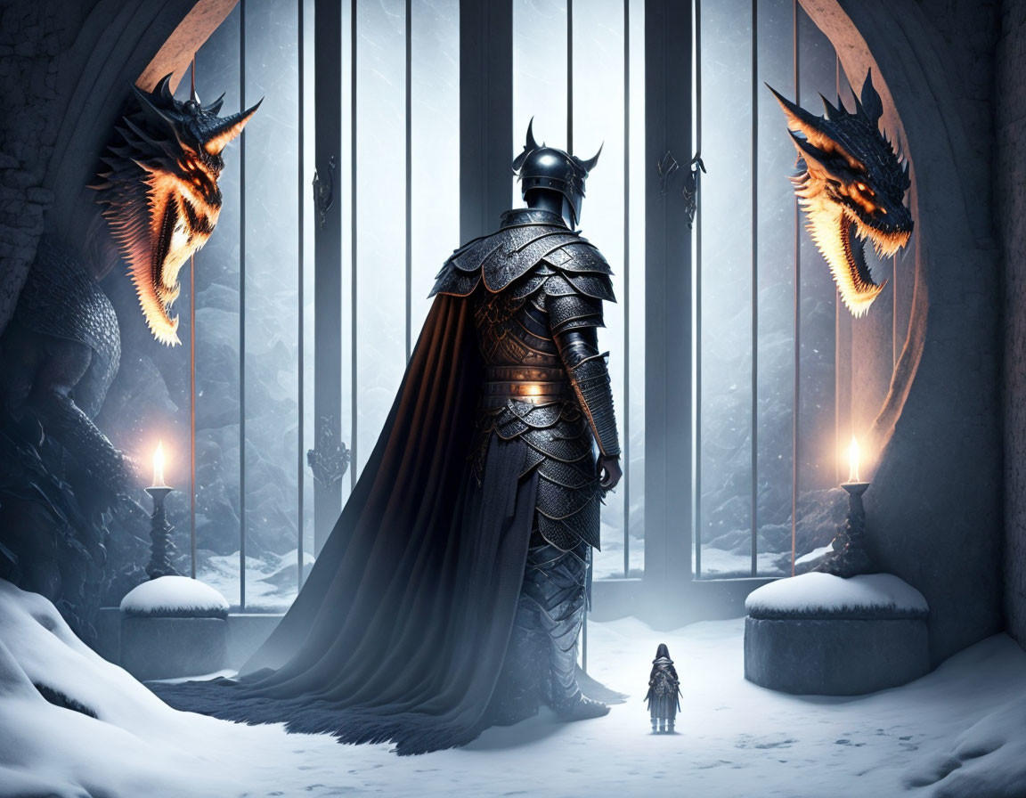 Knight in Black Armor Faces Dragons at Snowy Gate