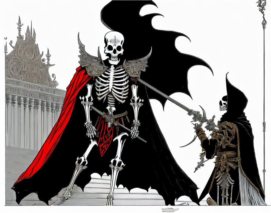 Skeleton figures with wings and capes in gothic setting.