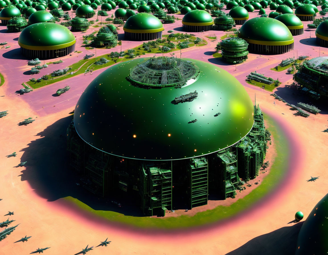 Alien planet with futuristic city, dome structures, reflective surfaces, advanced vehicles