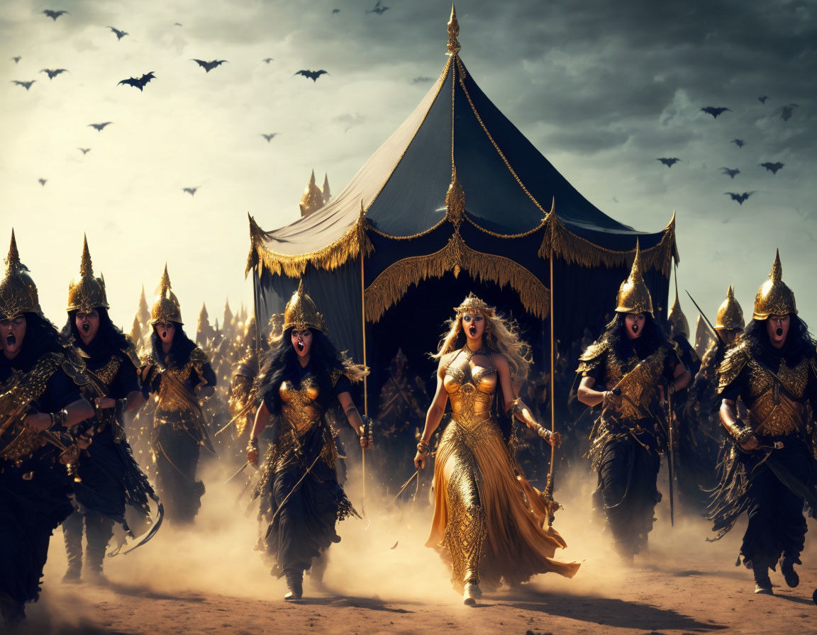 Armored women warriors marching under a bat-filled sky.