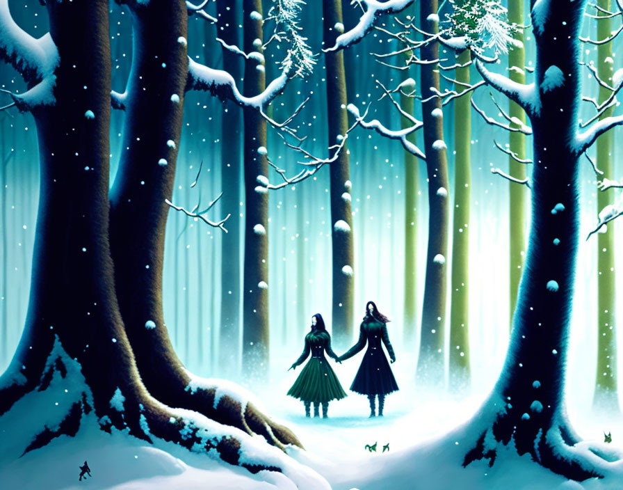 Two individuals and a small dog in a snowy forest with tall trees and rays of light.