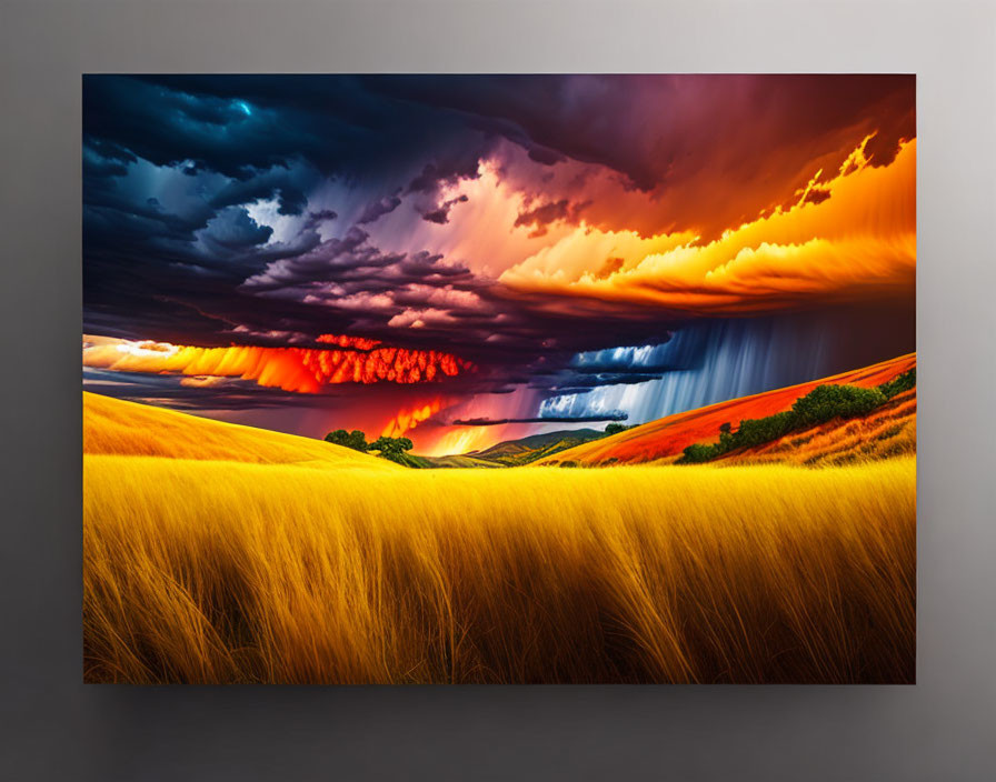 Vibrant orange and yellow fields under stormy sky with blue and orange clouds.