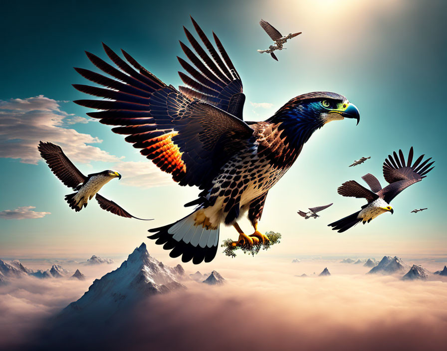 Majestic eagle soaring over misty mountain peaks with smaller birds in tranquil sky