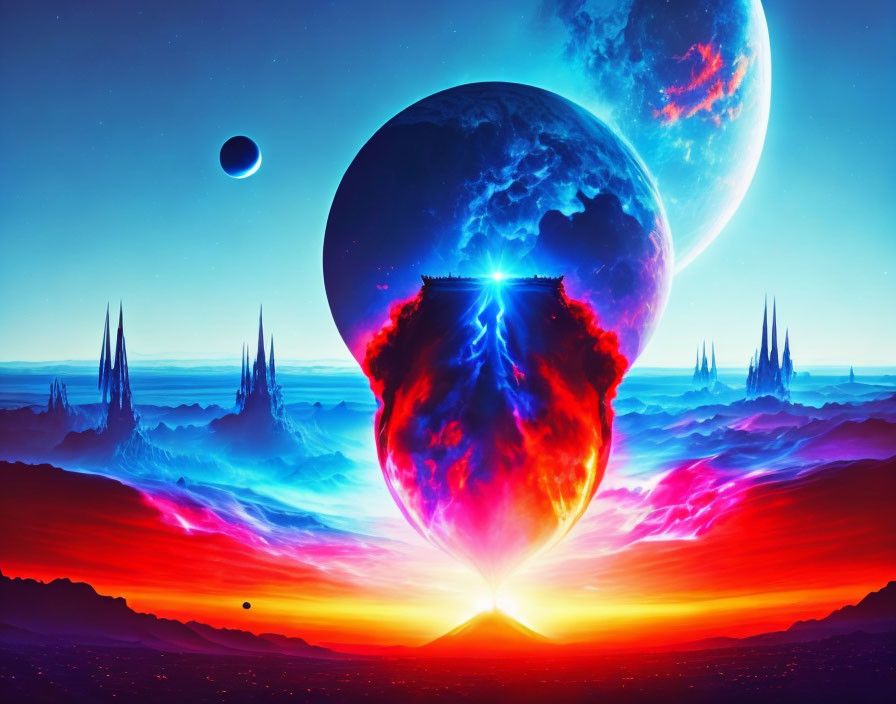 Fiery skies and alien spires in vibrant sci-fi landscape