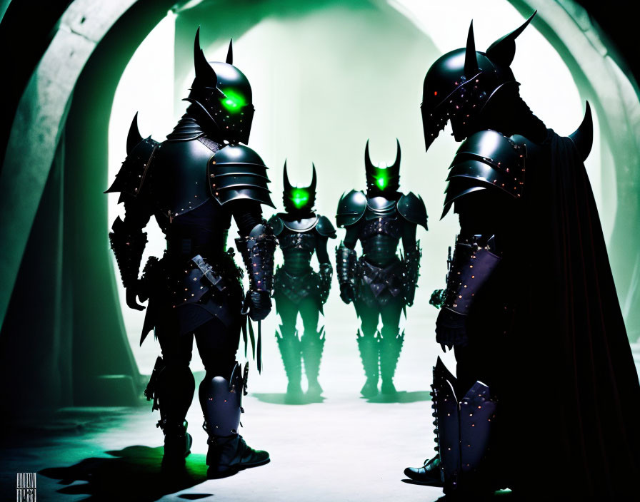 Armored figures with glowing green eyes in dimly lit corridor