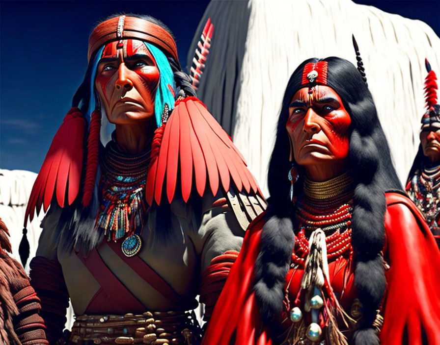 Native American individuals in feather headdresses by teepee under blue sky