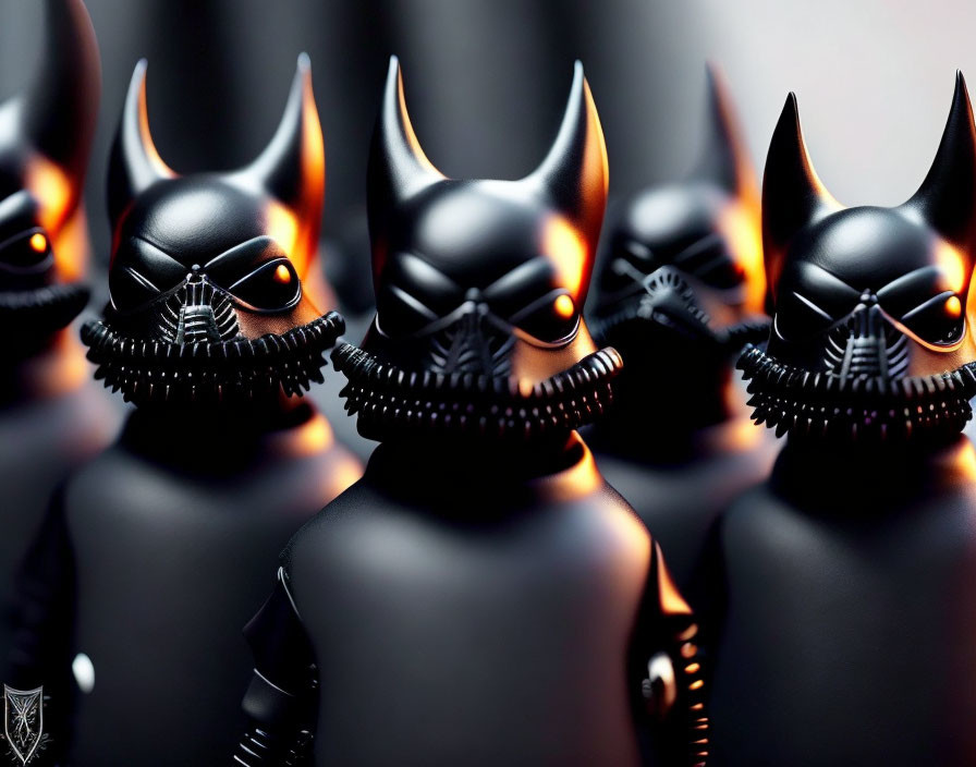 Glossy Black Figurines with Bat-like Ears and Flame Details