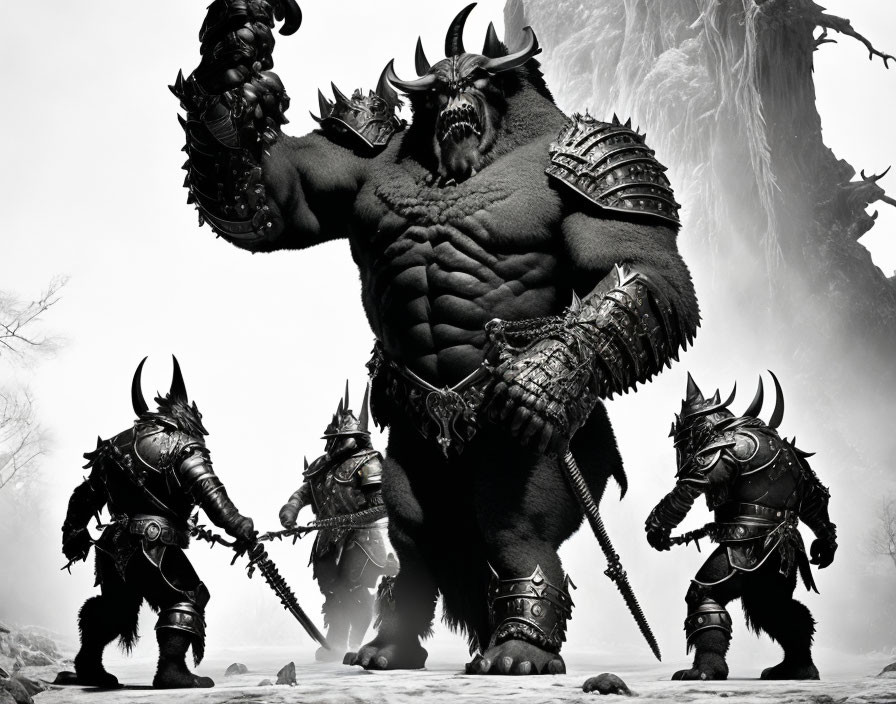 Menacing giant beast with horns and armored warriors in misty landscape