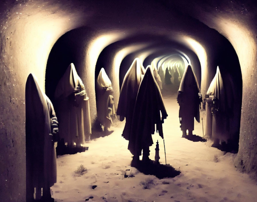 Snow-covered tunnel with cloaked figures in dim light