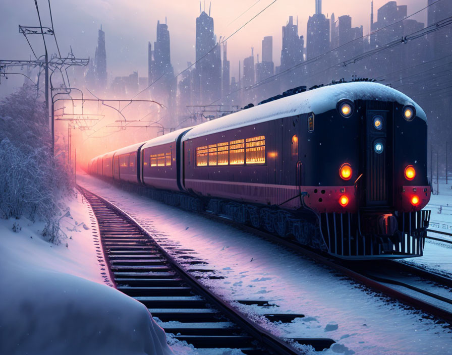 Snowy landscape train journey at dusk with city skyscrapers silhouette