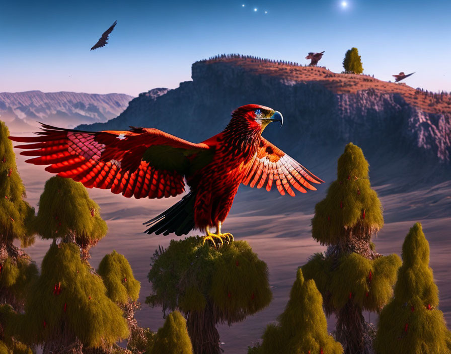 Red eagle flying over lush desert landscape at twilight