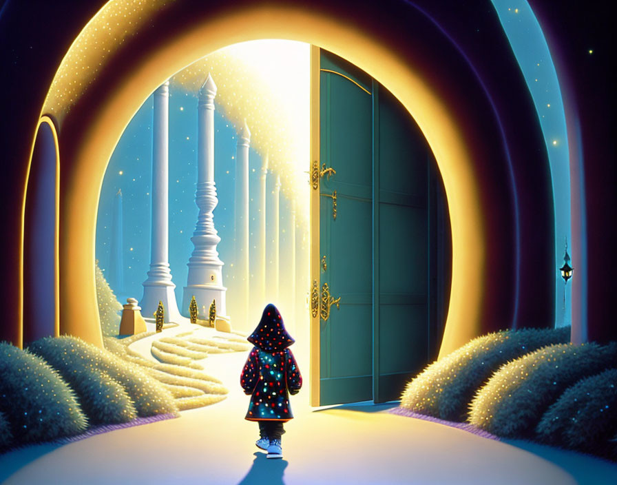 Illustration of person in red cloak at ornate doors in magical night landscape