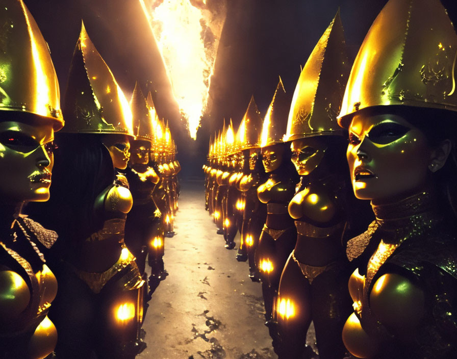 Futuristic soldiers in golden armor with glowing visors in dark corridor