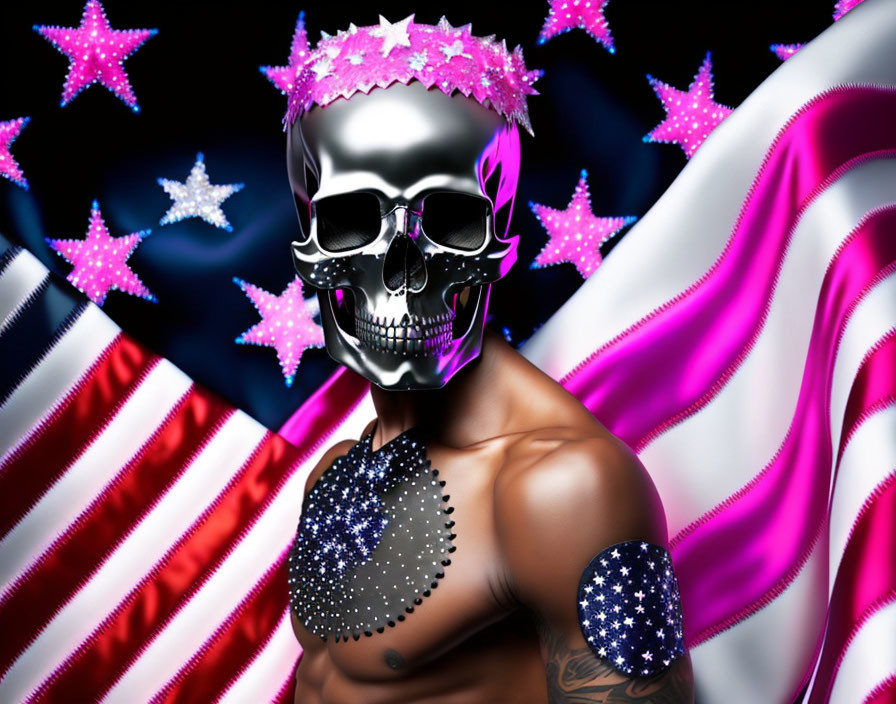 Skull face paint model with flower crown and star pasties against American flag