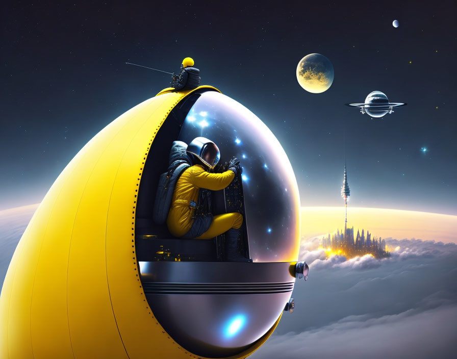 Digital artwork: Two astronauts on yellow spacecraft above clouds with moon, planets, and futuristic city.