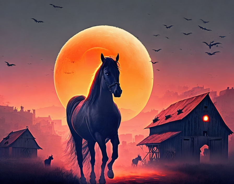 Majestic black horse in front of rising sun with birds, barns, and cityscape.