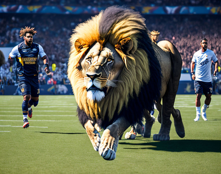 Soccer match with lion running on field