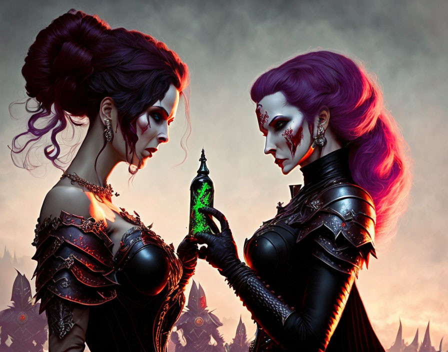 Stylized women in gothic fantasy armor with glowing potion in dark landscape