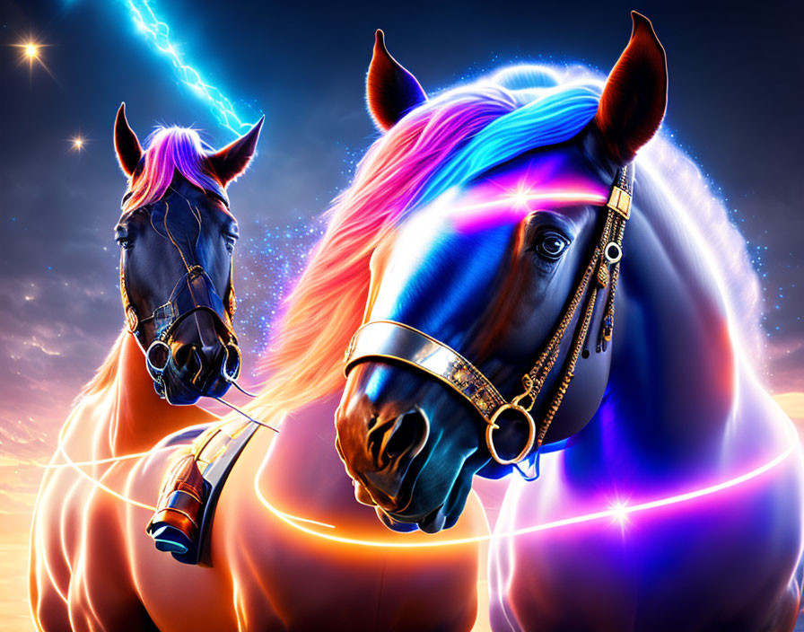 Neon-lit horses in cosmic setting with stars and lightning bolt