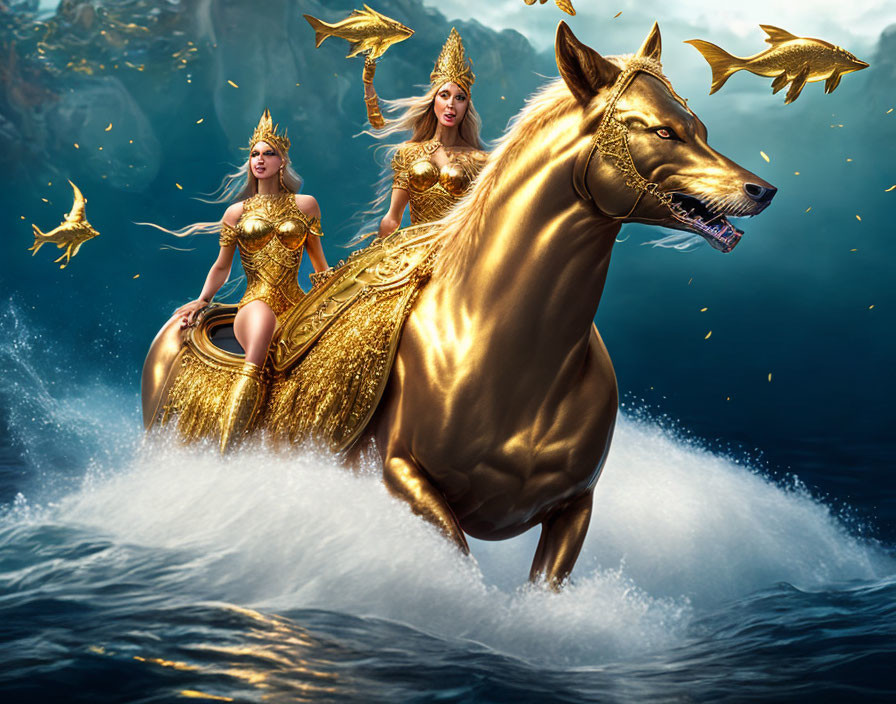 Two women in golden armor riding a majestic horse through water with golden fish.