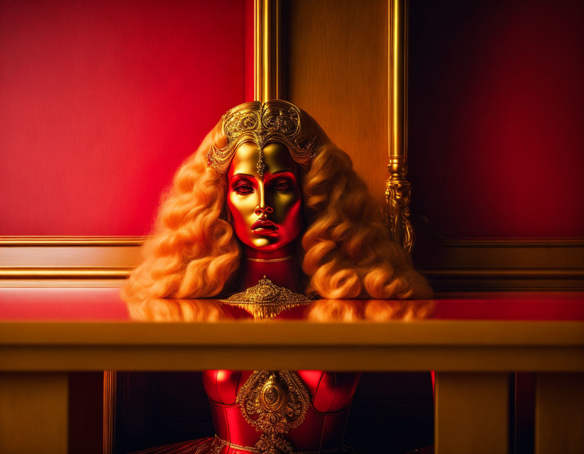 Golden metallic female mannequin with ornate headgear on red backdrop