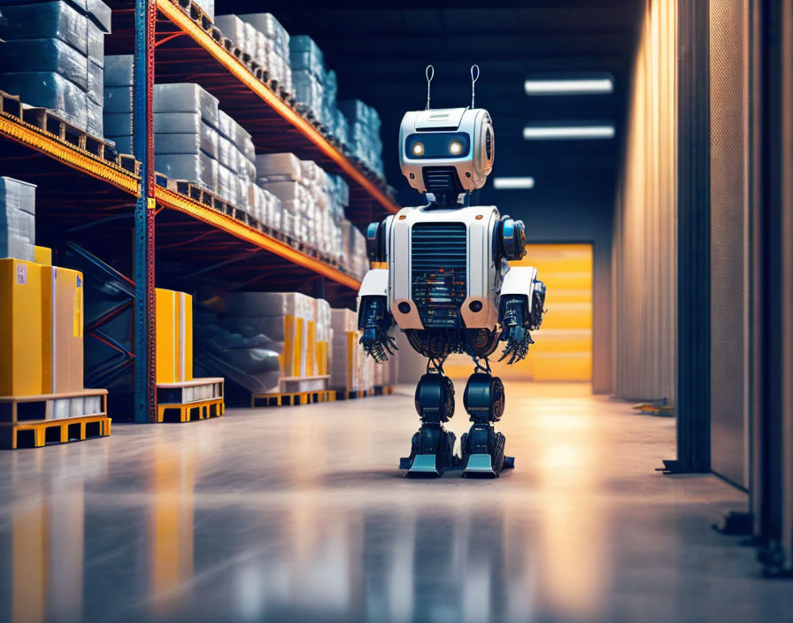 Humanoid Robot with Digital Face Screen in Warehouse Aisle