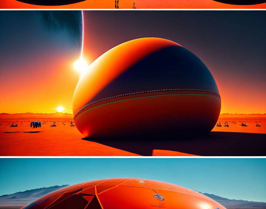 Split-panel surreal image: large orange sphere in desert at sunset with tiny figures and dark smoke trail