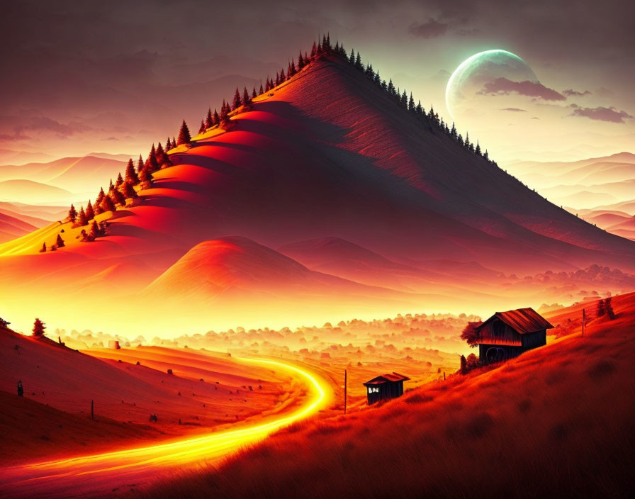 Surreal landscape digital art: vibrant hills, orange sky, luminous road, crescent moon