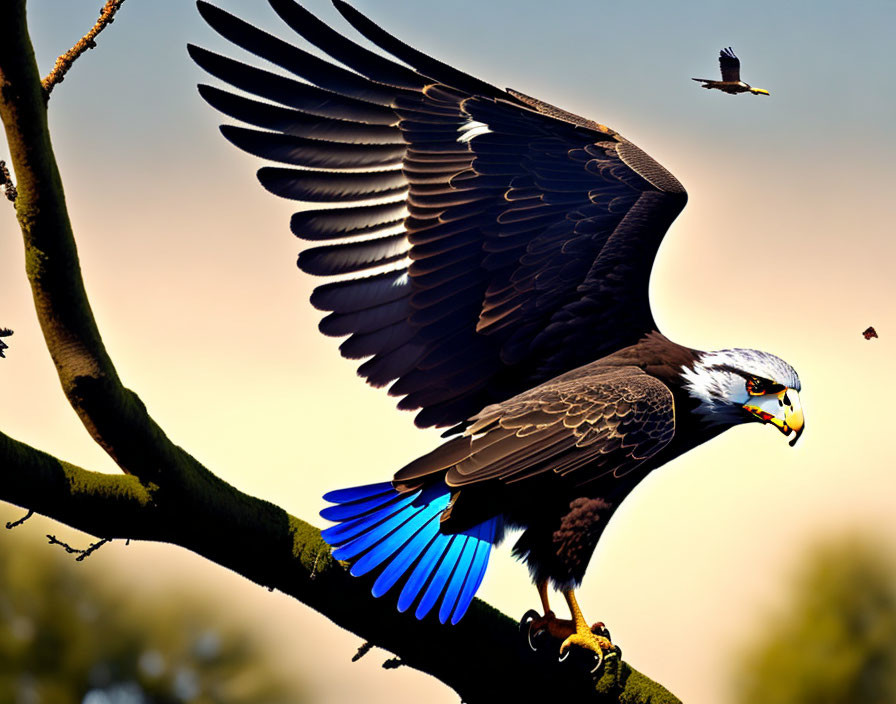 Majestic eagle perched on branch against sunset sky