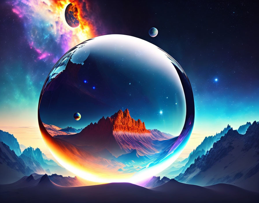 Colorful sci-fi landscape with mountains, orb, and nebulae