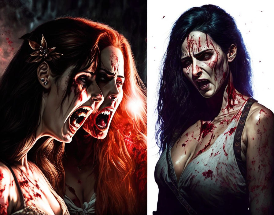 Distressed women with vampire features covered in blood and baring fangs.