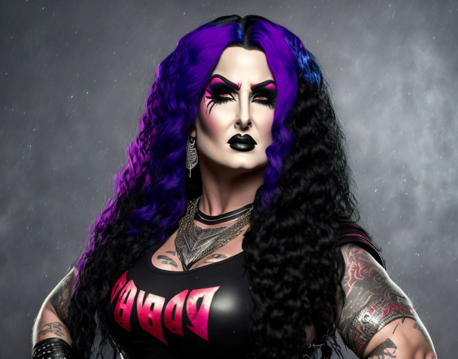 Person with Purple and Black Hair in Dramatic Makeup, Tattoos, and Black Outfit on Mist