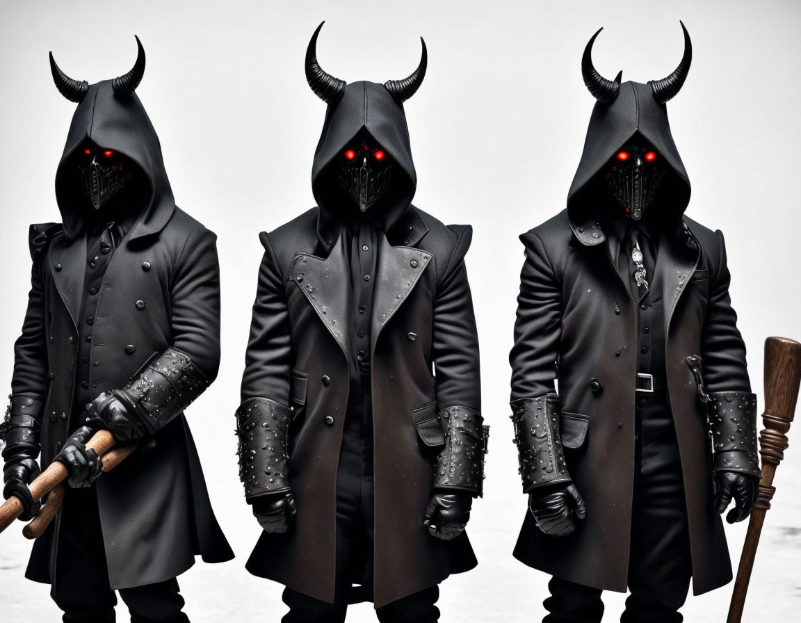 Three figures in dark trench coats with horned helmets and glowing red eyes holding a baseball bat