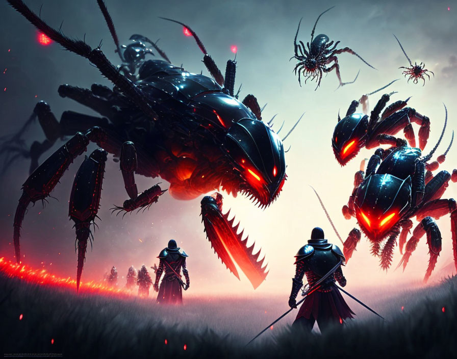 Samurai confront giant mechanical insects in dark, dystopian setting