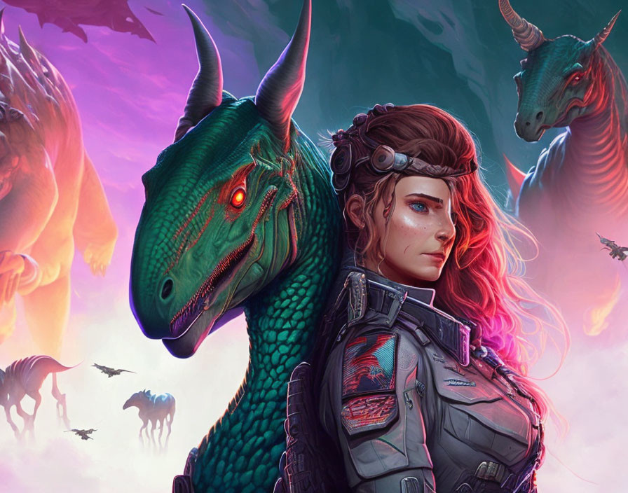 Woman in futuristic armor with green dragon in vibrant fantasy scene