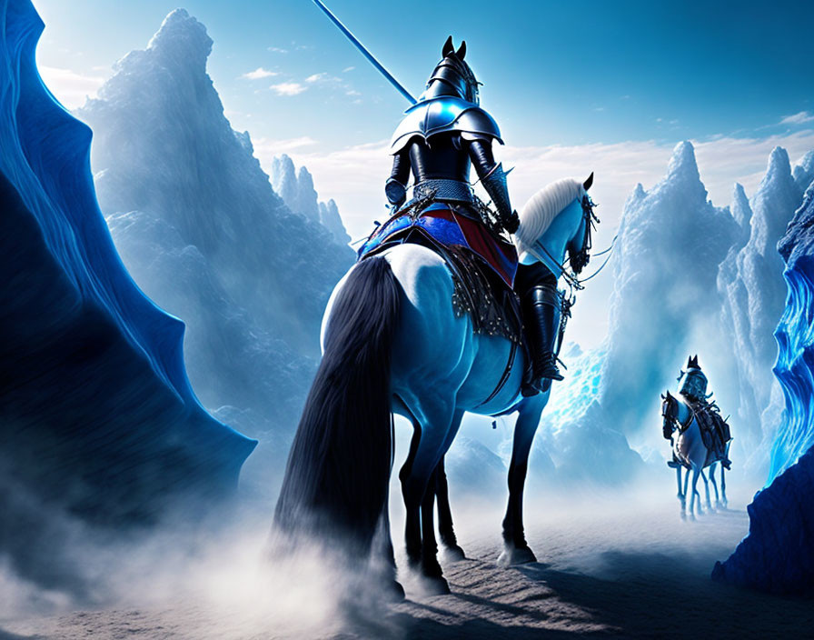 Armored knights on horses in mystical ice canyon with fog