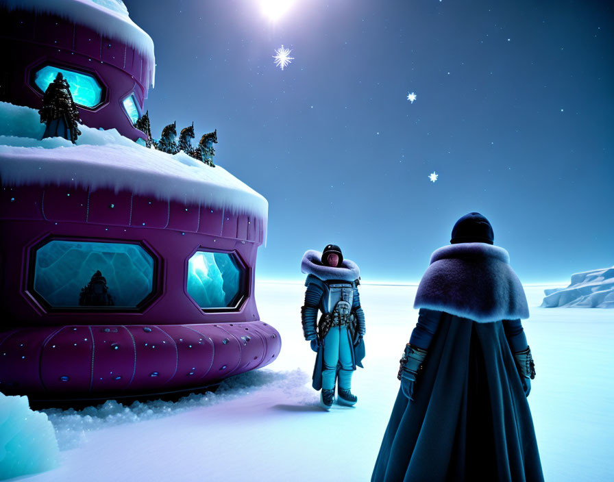 Futuristic armored figures near snow-covered spaceship at night