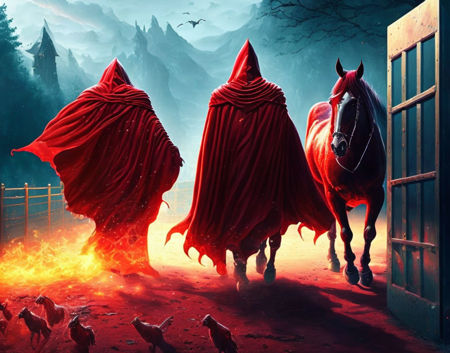 Mysterious Figures in Red Cloaks Ride Horses Through Mystical Forest