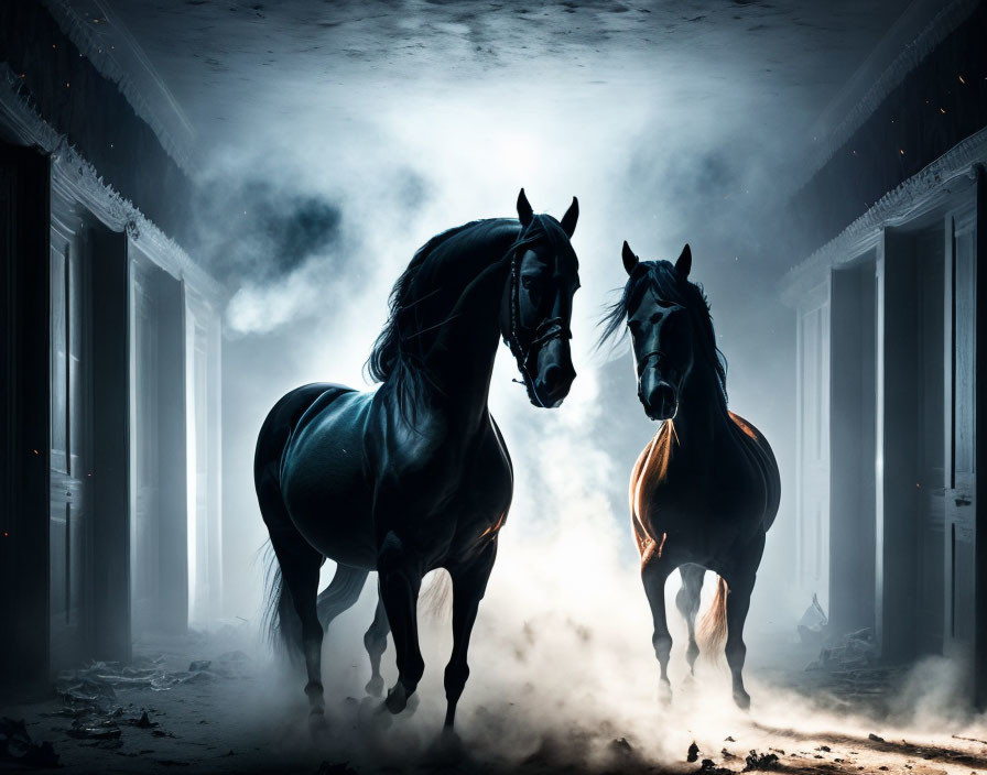 Majestic horses in dimly lit stable with dramatic lighting