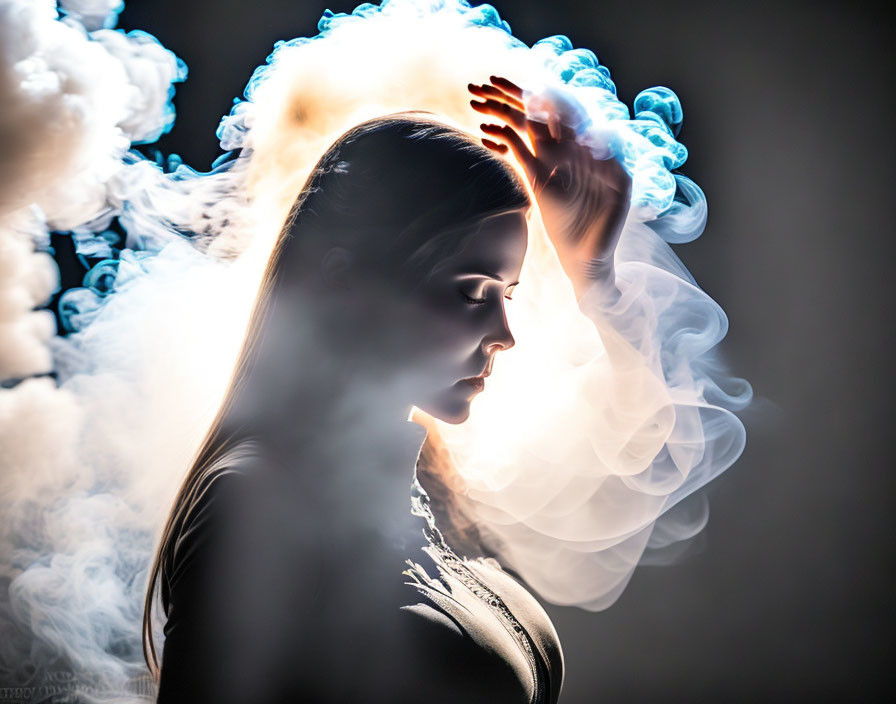 Backlit Woman Silhouette with Raised Hand in Mystical Smoke