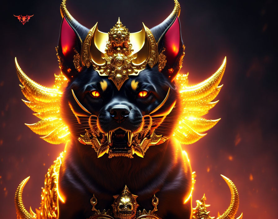 Mystical black cat with golden armor and fiery wings on dark background