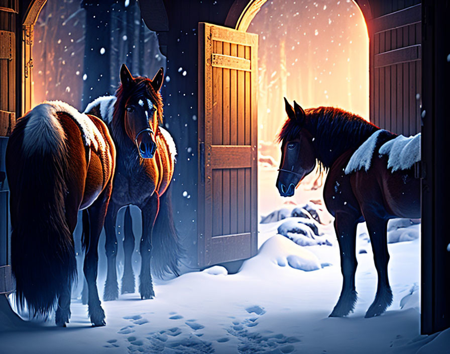 Two horses in snowy winter scene by stable.