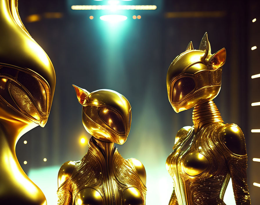 Futuristic humanoid figures in metallic gold suits under spotlight