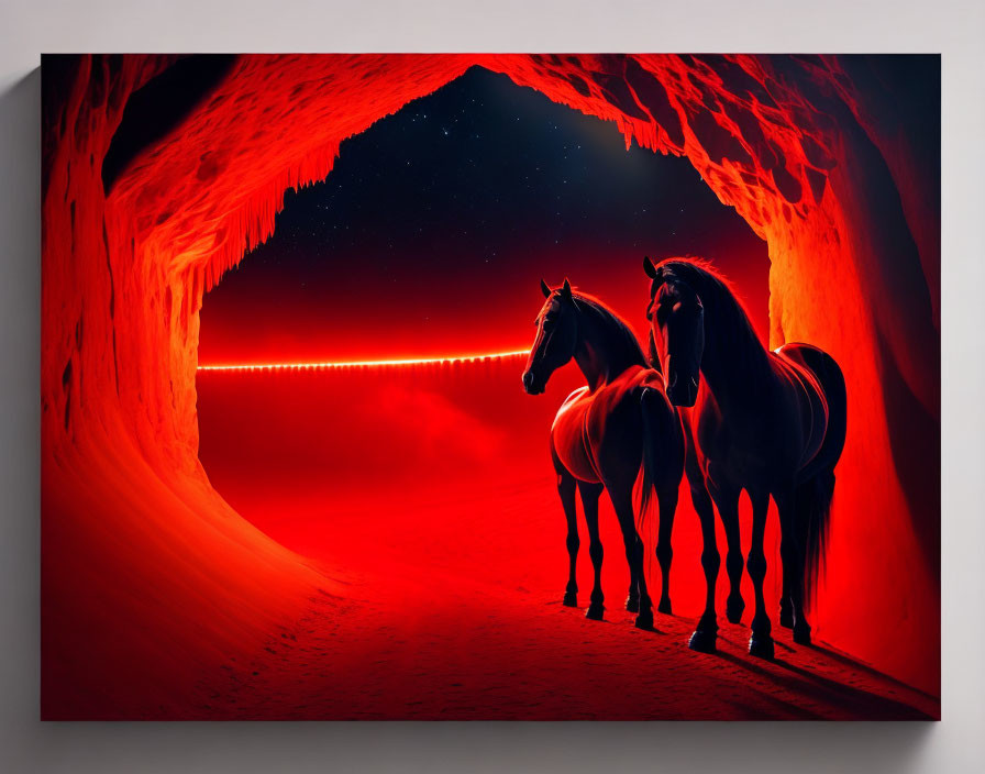 Two horses in red-lit cave under starry night sky