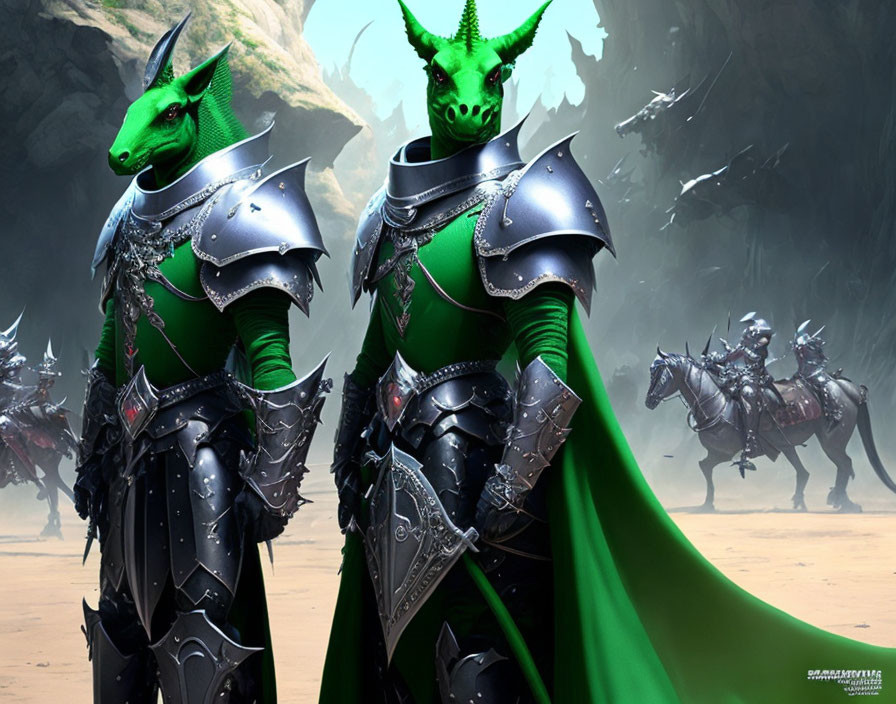 Dragon-like humanoid figures in black armor with emerald cloaks, surrounded by mounted warriors