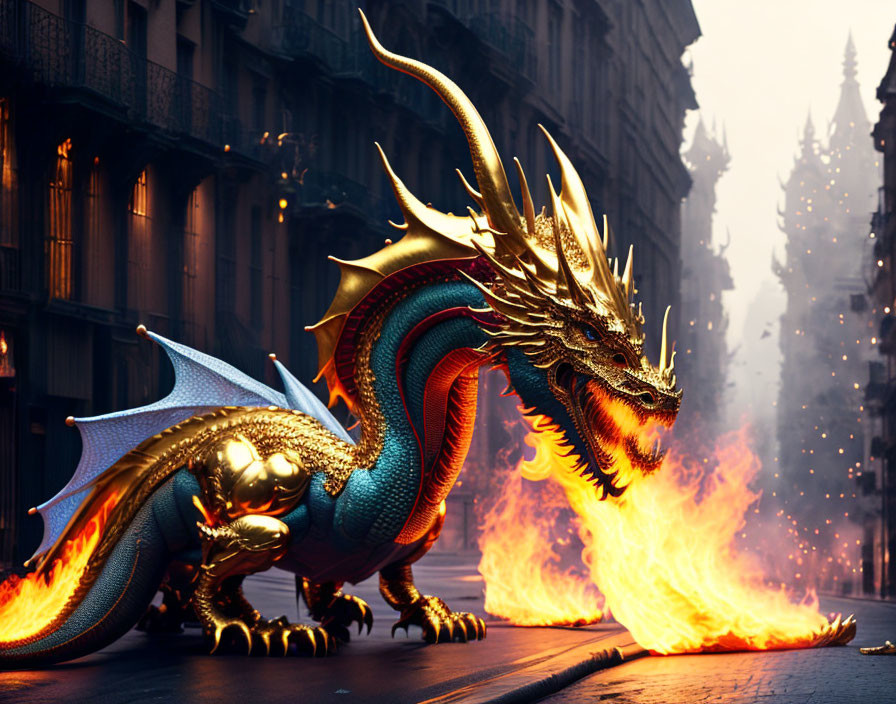 Golden dragon with blue wings breathing fire in deserted city street at dusk