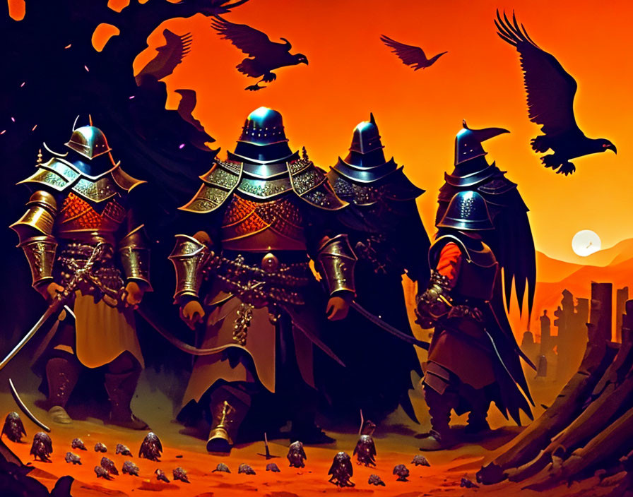 Medieval knights in armor with eagles and castle in fiery landscape