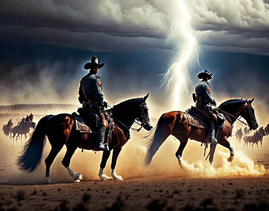 Cowboys on horses under thunderstorm with lightning.