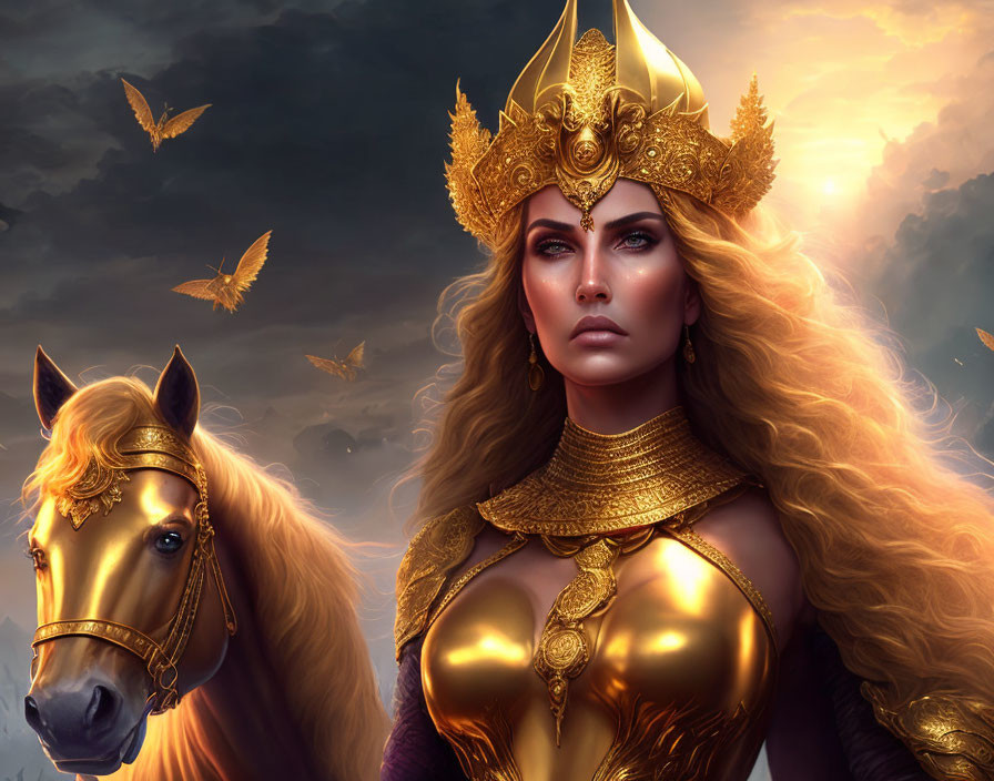 Regal woman in golden armor with crown beside adorned horse under dramatic sky